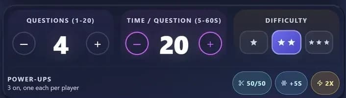The Quiz8 setup controls: a questions counter set to 4, a time-per-question dial labelled 5 to 60 seconds set to 20, a three-level difficulty selector, and the 50/50, plus-five-seconds and double-points power-ups.
