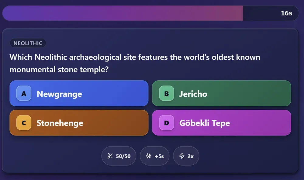 A live question tagged Neolithic, asking which Neolithic archaeological site features the oldest known monumental stone temple, with four coloured answers and a 16-second countdown.