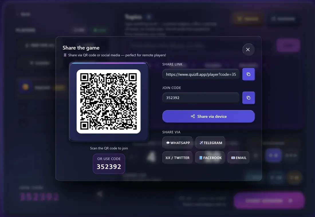 The share panel: a QR code next to the six-digit join code 352392 and a copyable link, ready to put on the projector.