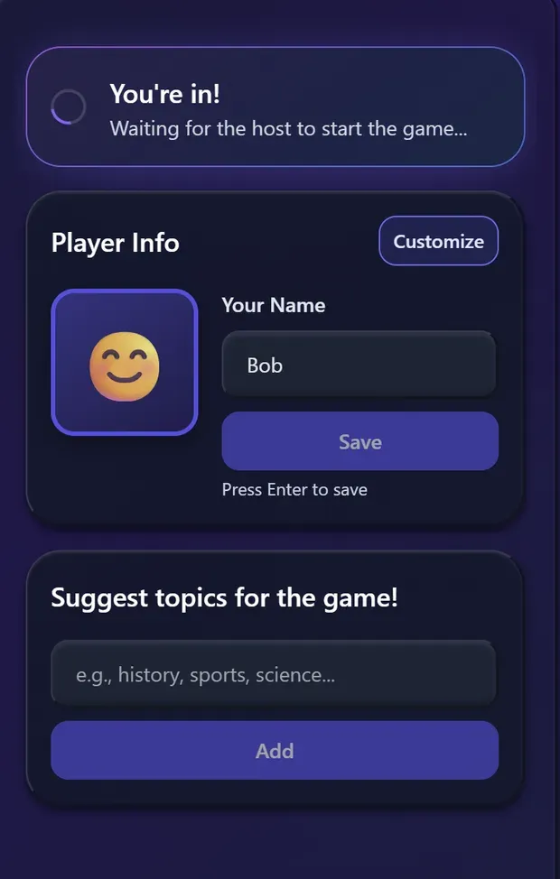 A student phone screen after joining: a You are in message waiting for the host, a name field reading Bob with an avatar, and a panel headed Suggest topics for the game with an example of history, sports, science.